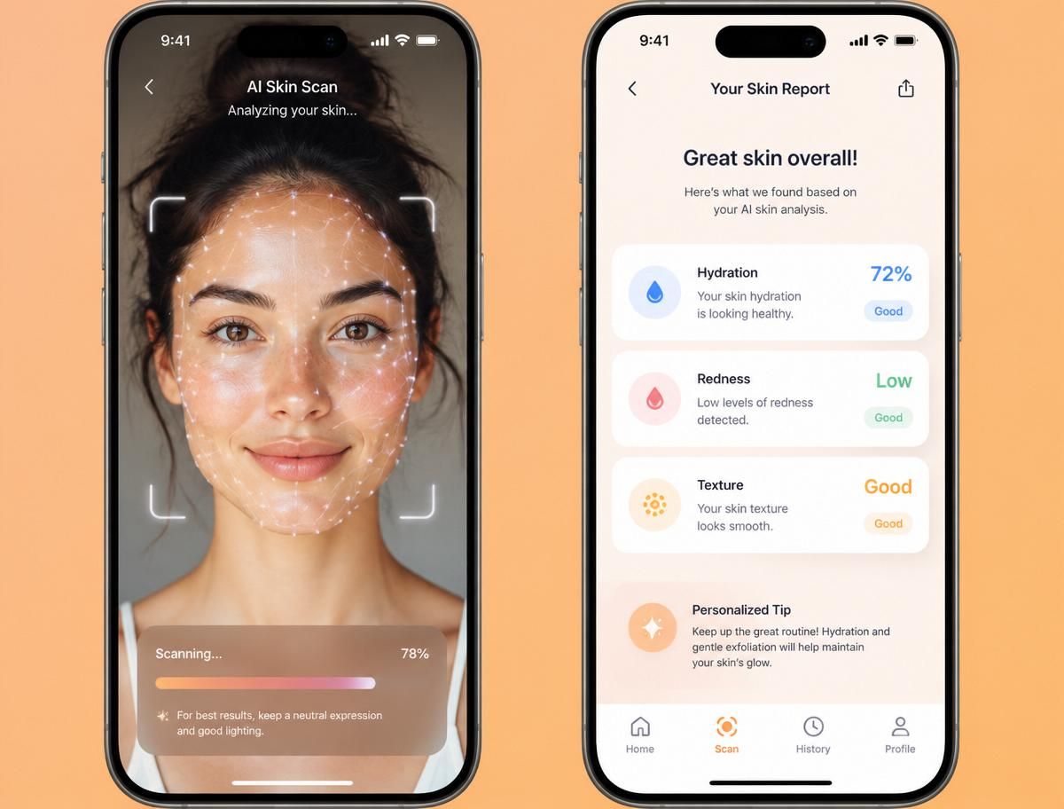 AI skin scan with hydration, redness and texture results