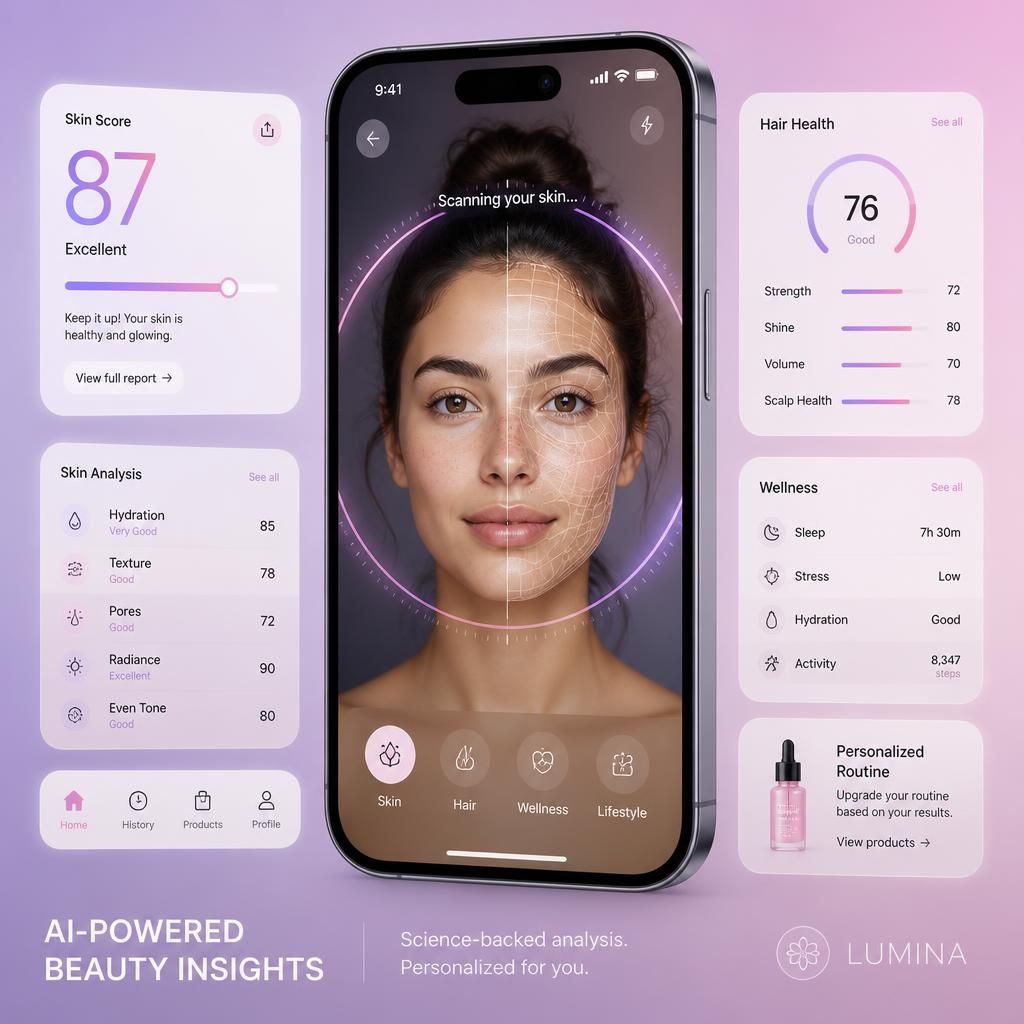 CareLens app showing a face scan with skin, hair and wellness scores